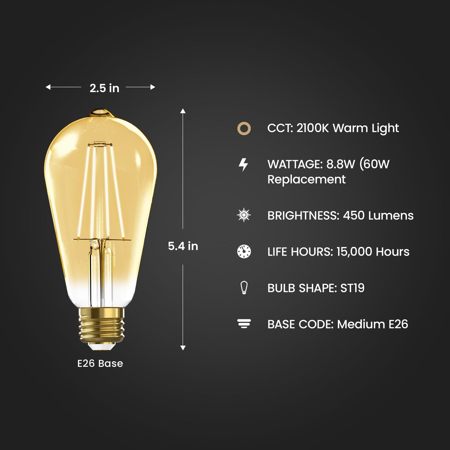 Feit Electric ST19 LED Smart Light Bulb, 60W Eq, Amber 2100K, E26 Base