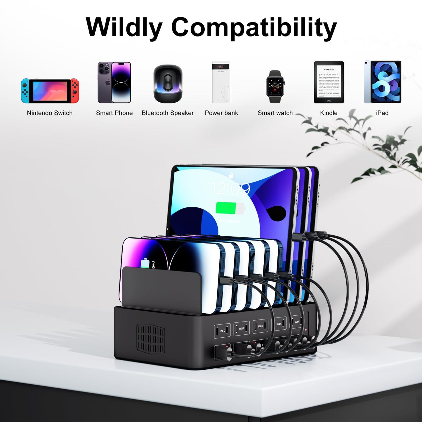 150W/35A Charging Station for Multiple Devices, 20 Port USB C Fast Charging Station with Adjustable Dividers - Organizer Charging Dock for Smartphone