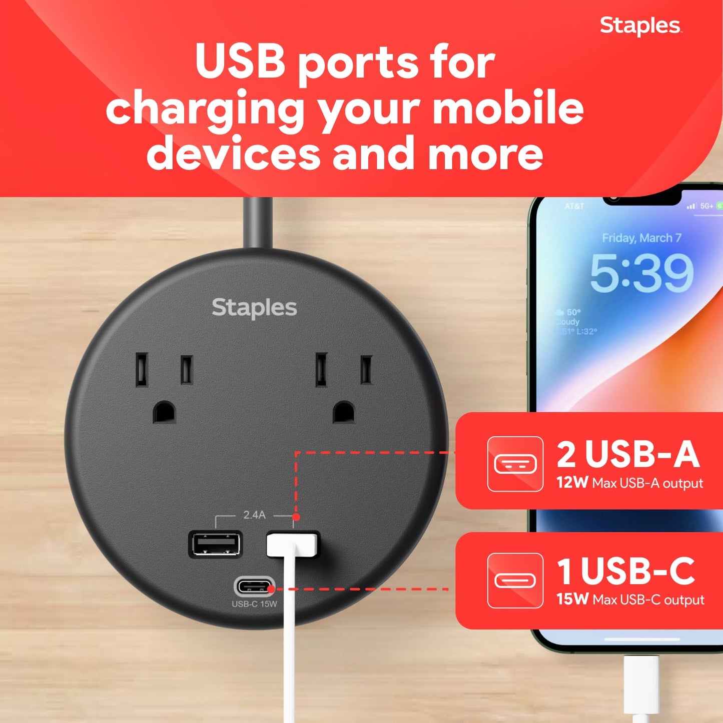 Staples TECH Surge Protector Power Strip, 2 Outlets + 3 USB Ports, 5 ft Cord, 500 Joules, Compact Design, Black