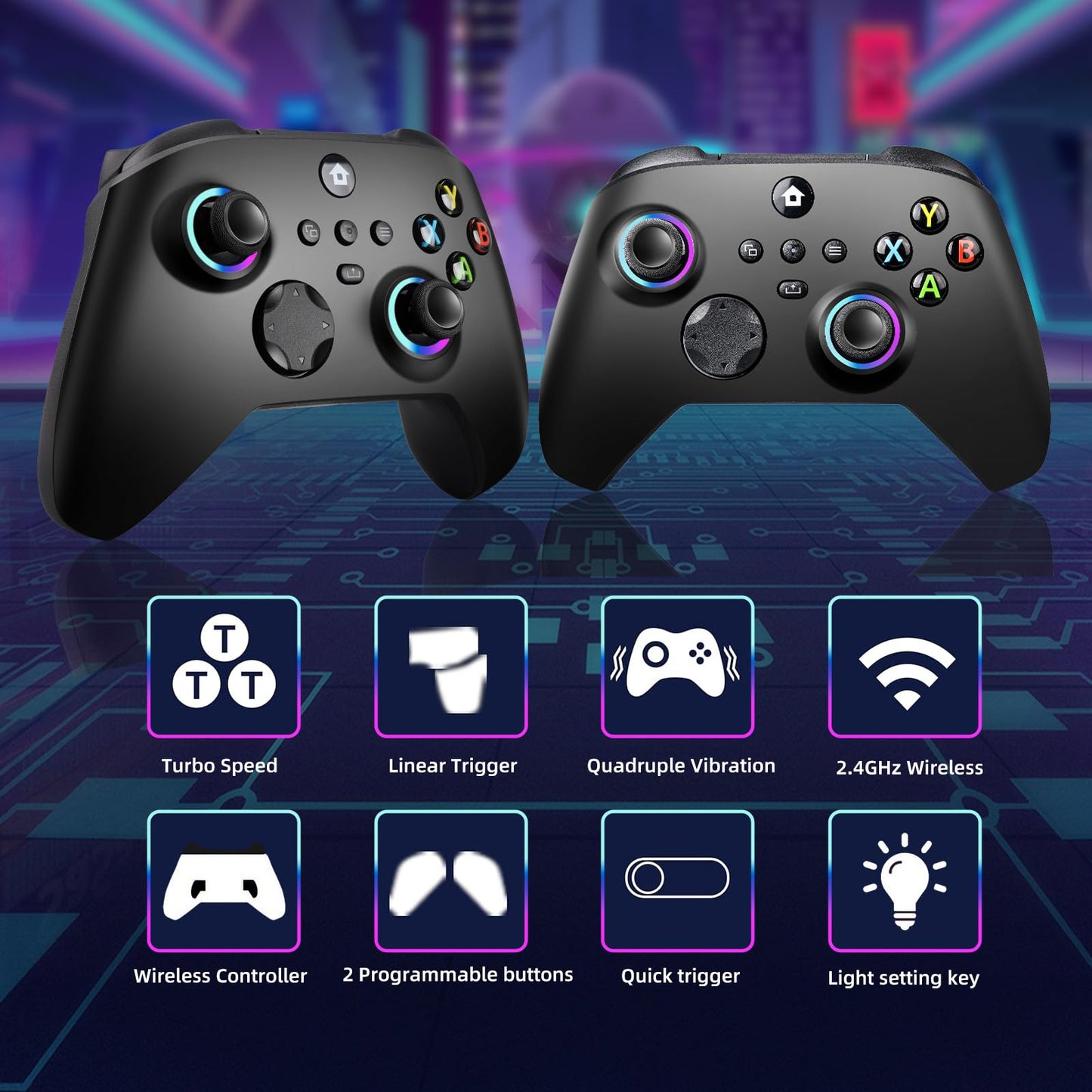 QEUVOON Wireless Controller with 8 Colors RGB Light for Xbox Controller,Xbox One Series X|S,PC Windows,Dual Vibration/Turbo/Programmable,Stable