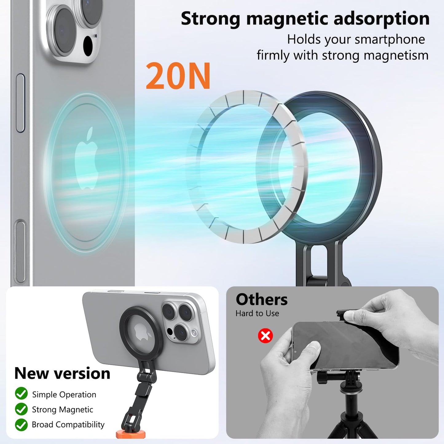 XIAOTJ Universal Magnetic Phone Tripod Mount Metal Cell Phone Camera Holder Adapter w Cold Shoe 1/4" Thread, for Magsafe Cold Shoe Mount for iPhone