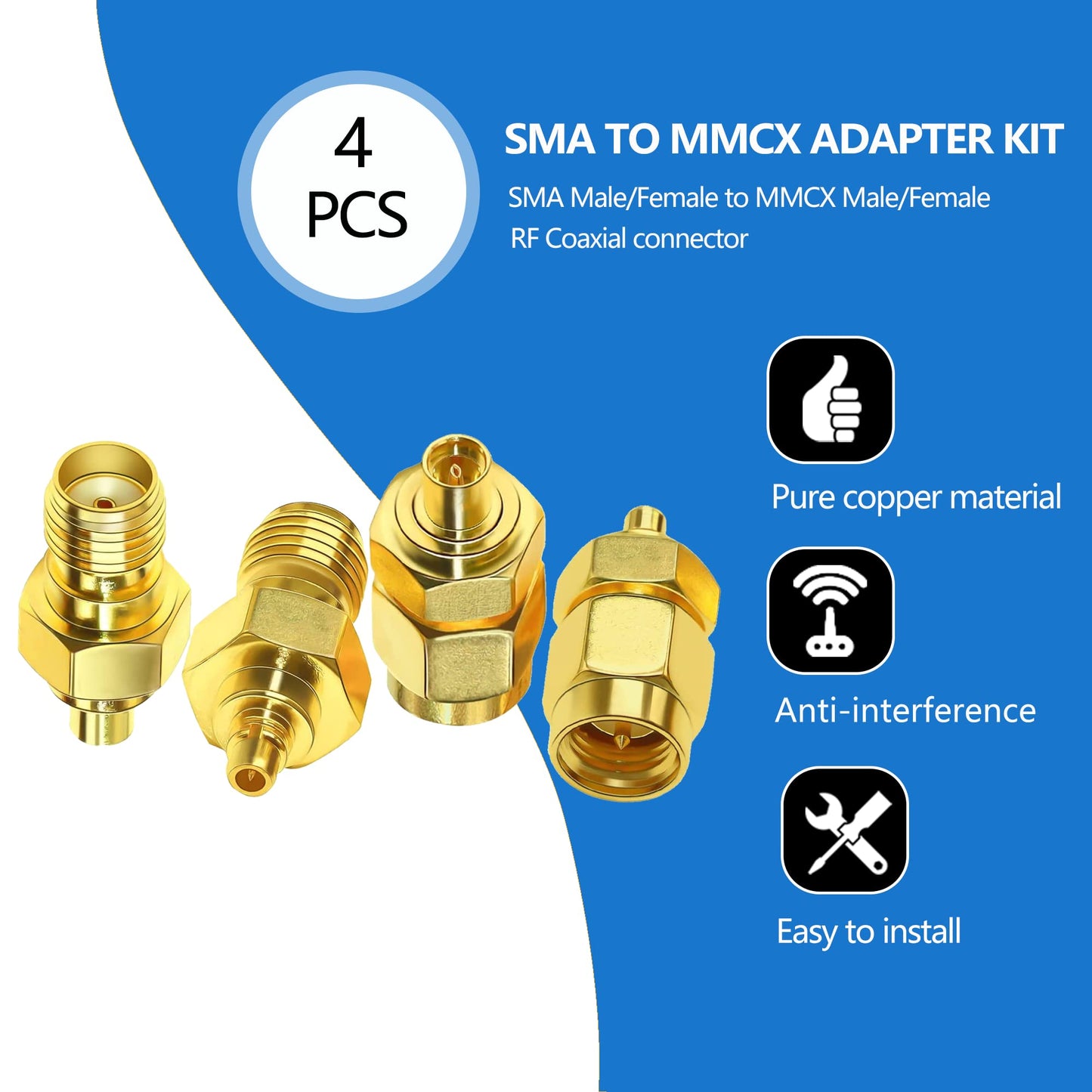 TUOLNK SMA to MMCX Coaxial Adapter Kit Pure Brass for WiFi Antenna/Networks/Extension Cable MMCX Male/Female to SMA Male/Female Coax Connector Kits