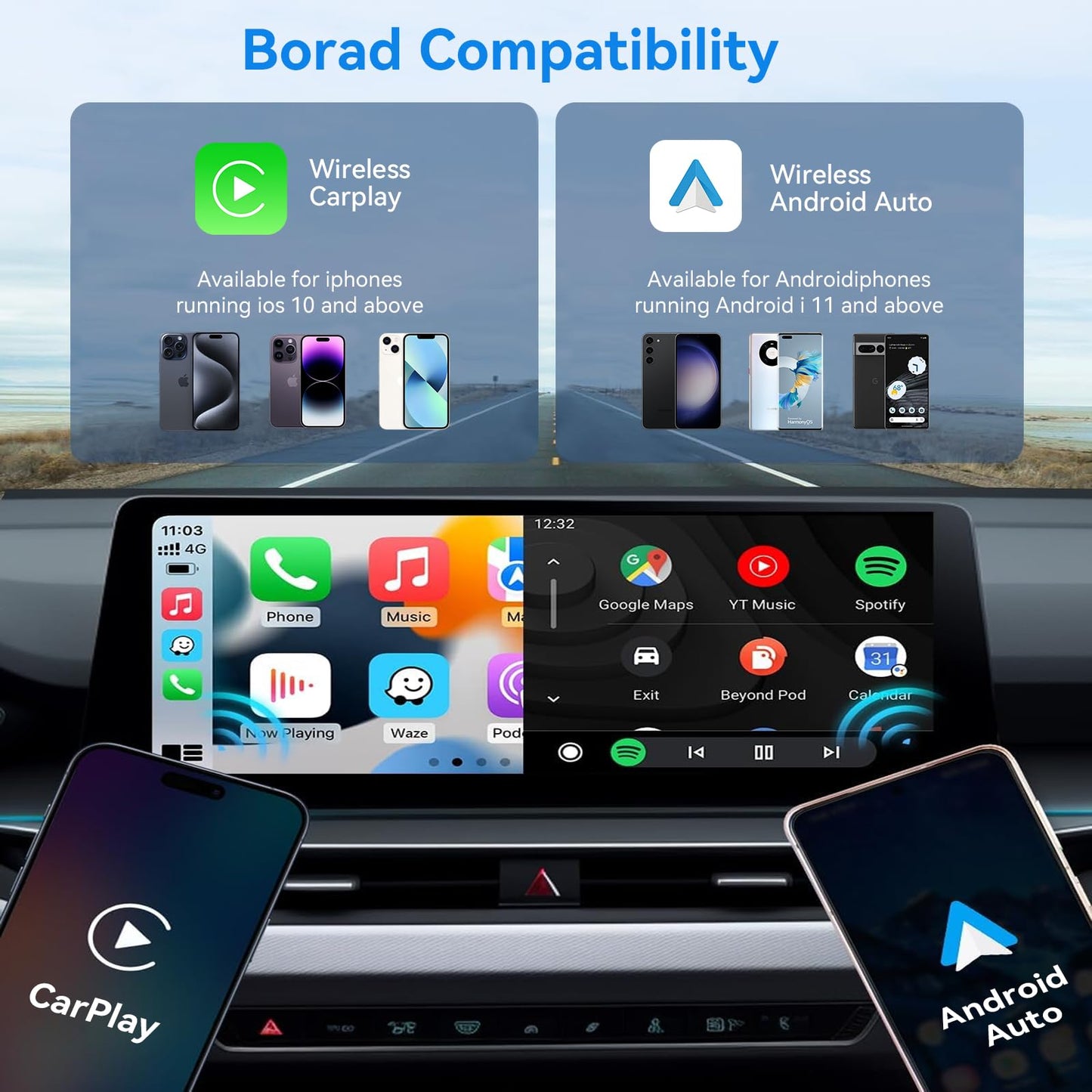 Wireless CarPlay Adapter for iPhone, 2-in-1 Wireless Car Play & Android Auto Adapter, 3X Fast Stable Connection-No Latency from iOS 10+, Wide