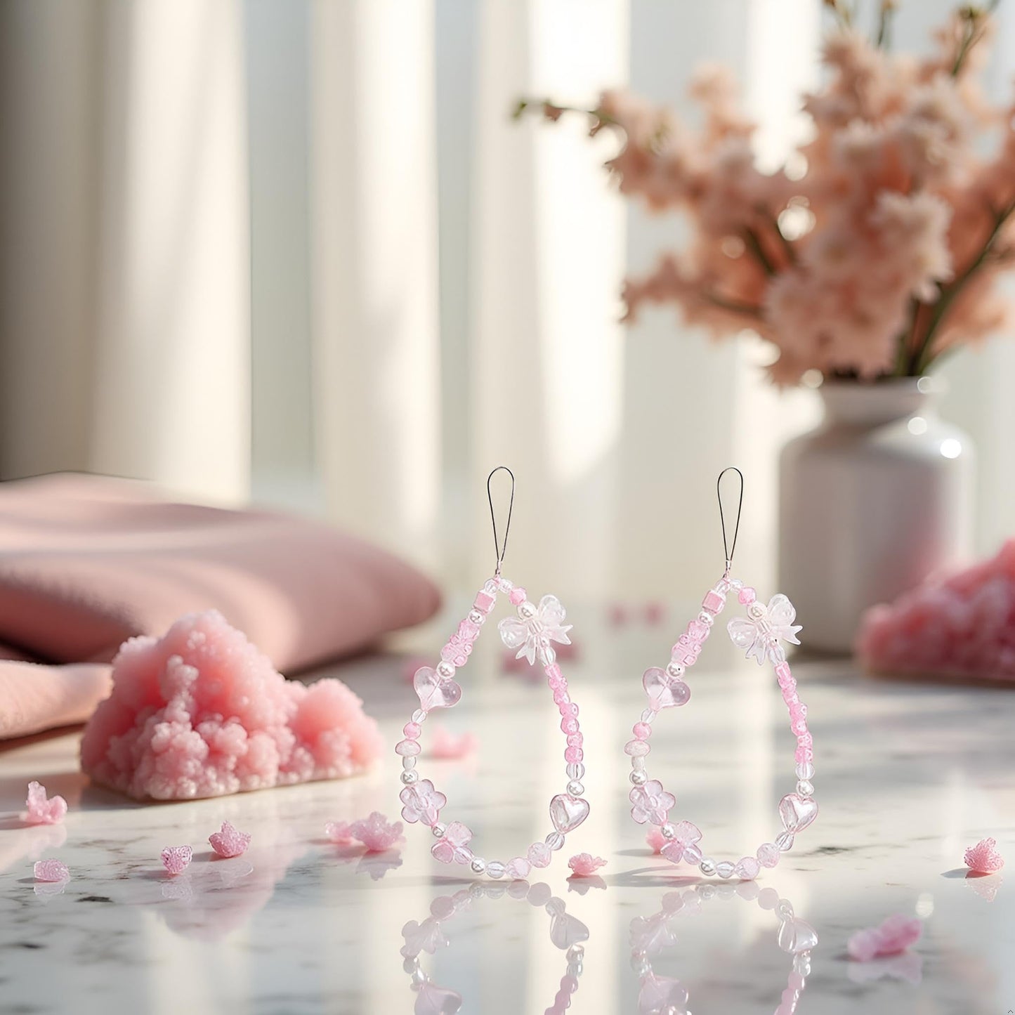 Galepromot 2Pcs Pink Acrylic Beaded Mobile Phone Straps Anti-Lost Hand Strap Pendant Hanging Rope Phone Wrist Hand Lanyard Home Cell Phone Charms