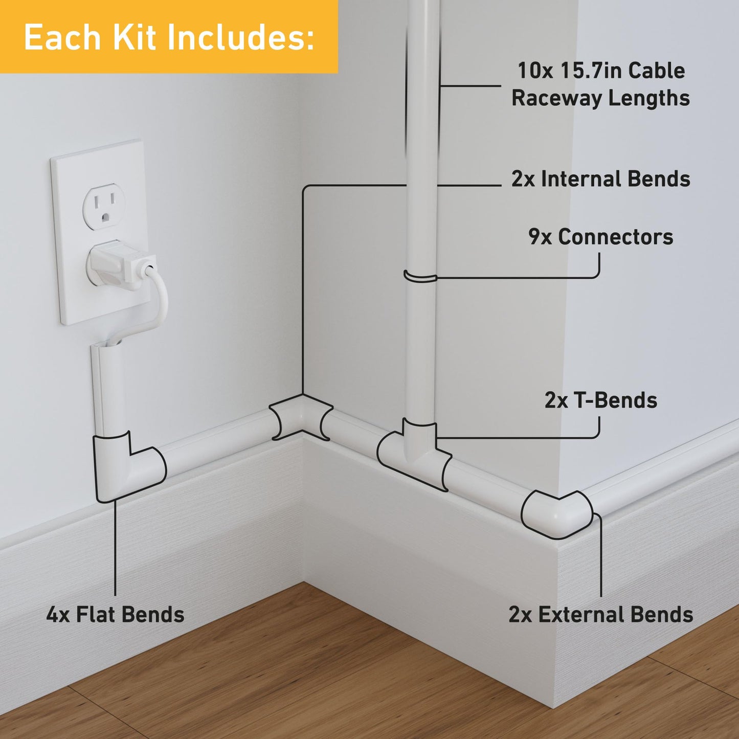 D-Line 157in Cord Cover Kit, Self-Adhesive Wire Hiders, Paintable Cable Raceway to Hide Wires on Wall, Electrical Cable Management - 10x 15.7 Lengths