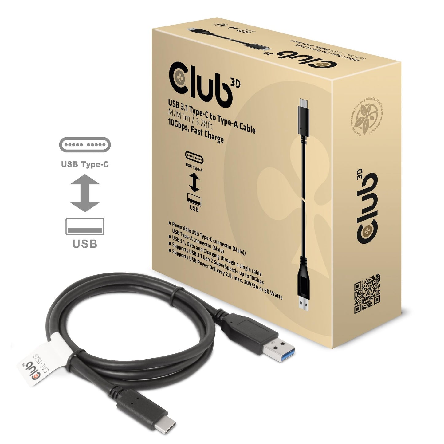 Club3D CAC-1523 USB 3.1 Type-C to USB Type-A Cable, Black