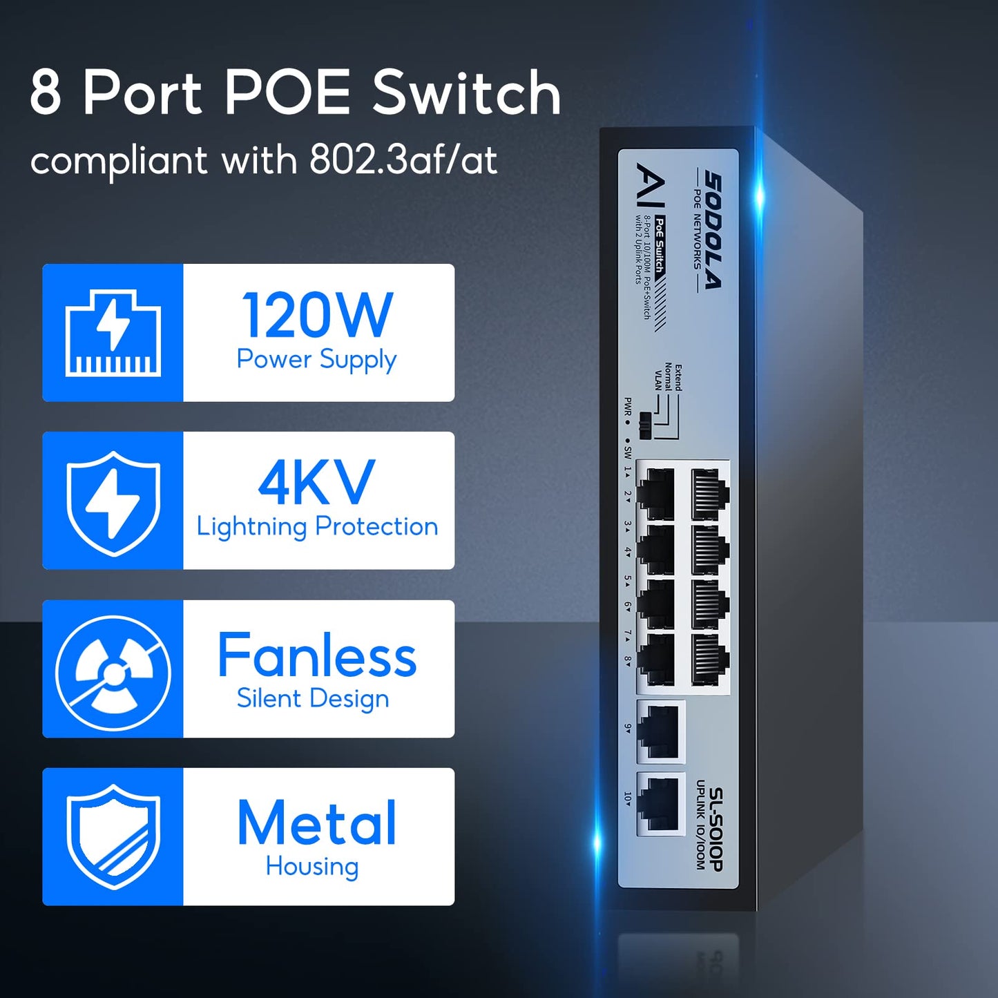 SODOLA 8 Port PoE Switch 100Mbps,120W,8×PoE+ 100Mbps, 2×Uplink,802.3af/at