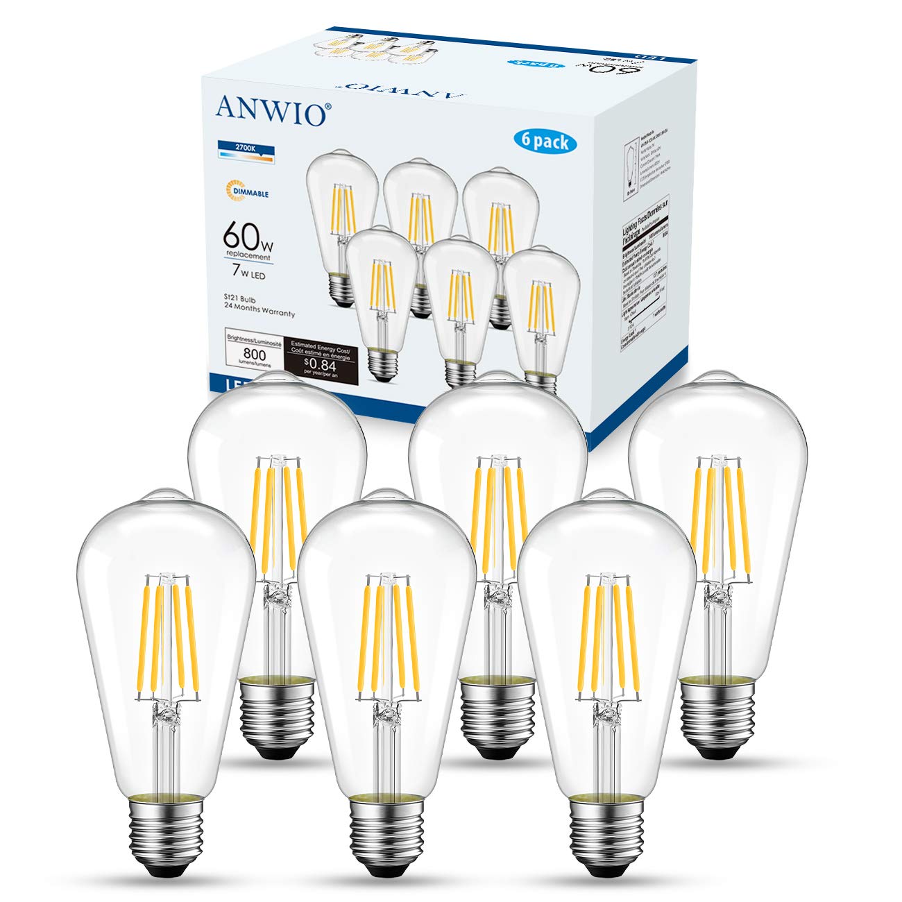 ANWIO Clear ST21 LED Edison Light Bulb 7W=60W 800LM 2700K Warm White Bulb
