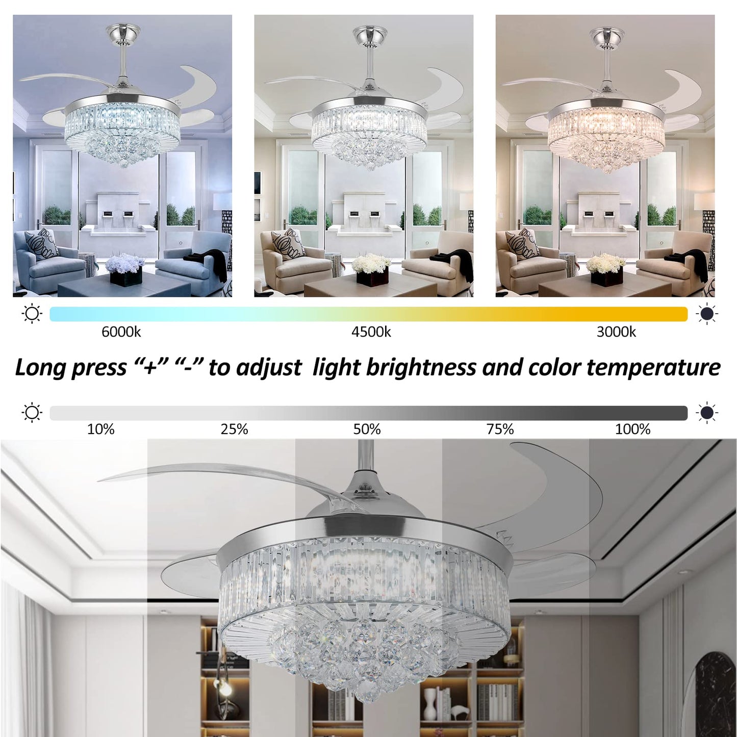 Bavnnro Crystal Ceiling Fans with Light,36” Retractable Chandelier Fan LED Dimmable Crystal Ceiling Fan Light Kits with Remote Control for Decorate
