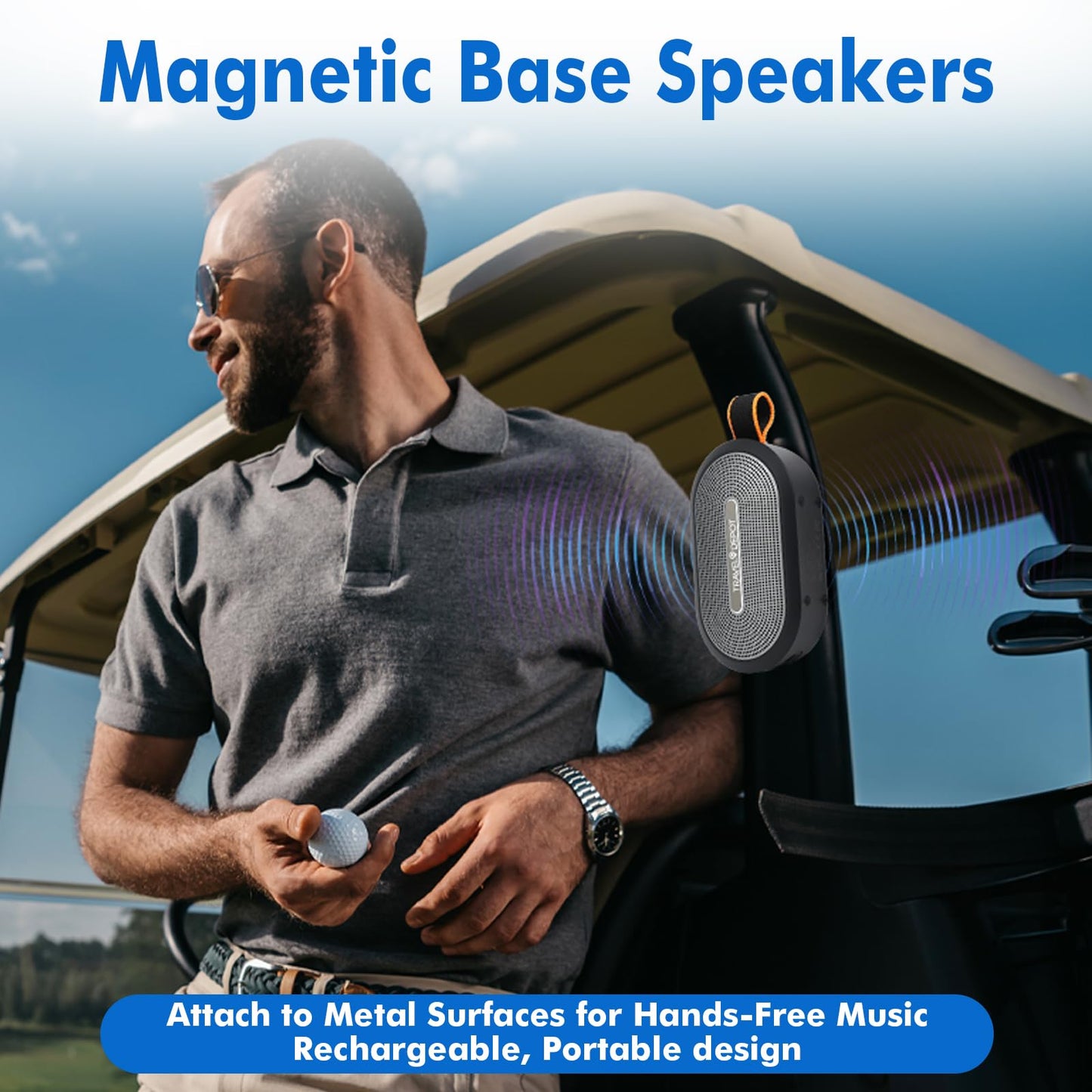 Travel Depot Magnetic Bluetooth Speaker, Wireless Portable Bluetooth Speaker for Golf Cart, IP66 Waterproof, 18H Playtime, TWS Pairing, BT5.3