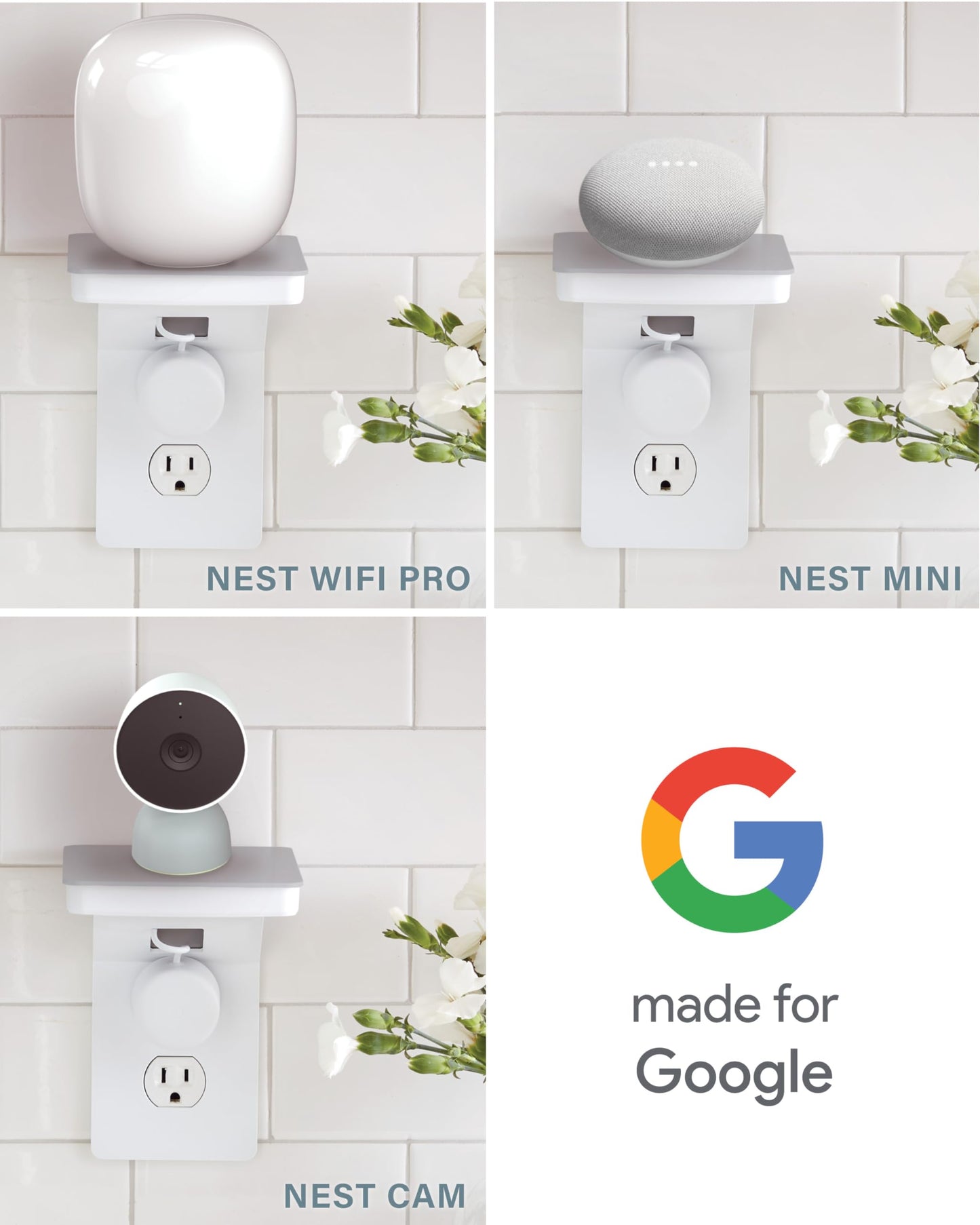 Sanus Made for Google Small Device Outlet Shelf in White & Fog Grey - Holds Small Electronics Up to 8lbs w/Built-in Cord Storage - Includes Both