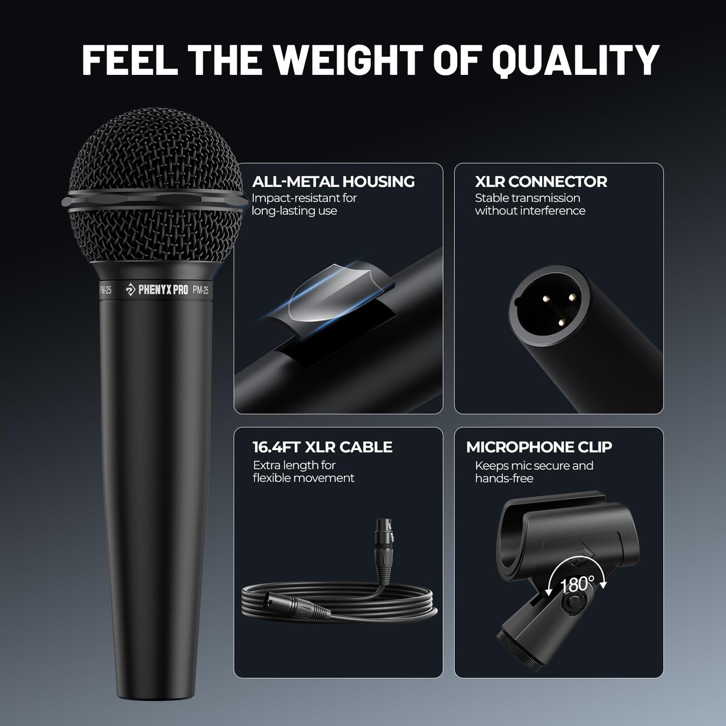 Phenyx Pro Dynamic Vocal Microphone, Cardioid Microphone with 16.4 ft XLR Cable, Mic Clip, Storage Bag, Wired Handheld Mic for Singing, Stage, Studio