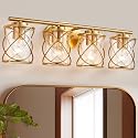 4-Lights Bathroom Light Fixtures, Brushed Gold Modern Vanity Light Over Mirror, Bathroom Wall Lamp for Mirror Kitchen Living Room Hallway Porch