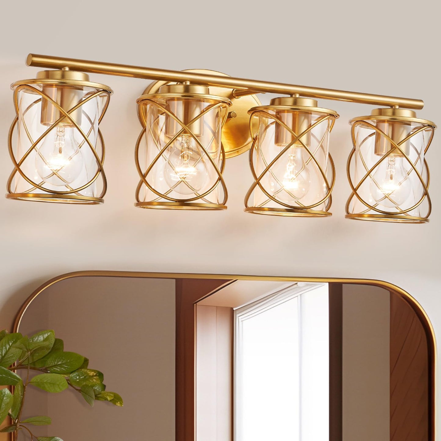 4-Lights Bathroom Light Fixtures, Brushed Gold Modern Vanity Light Over Mirror, Bathroom Wall Lamp for Mirror Kitchen Living Room Hallway Porch