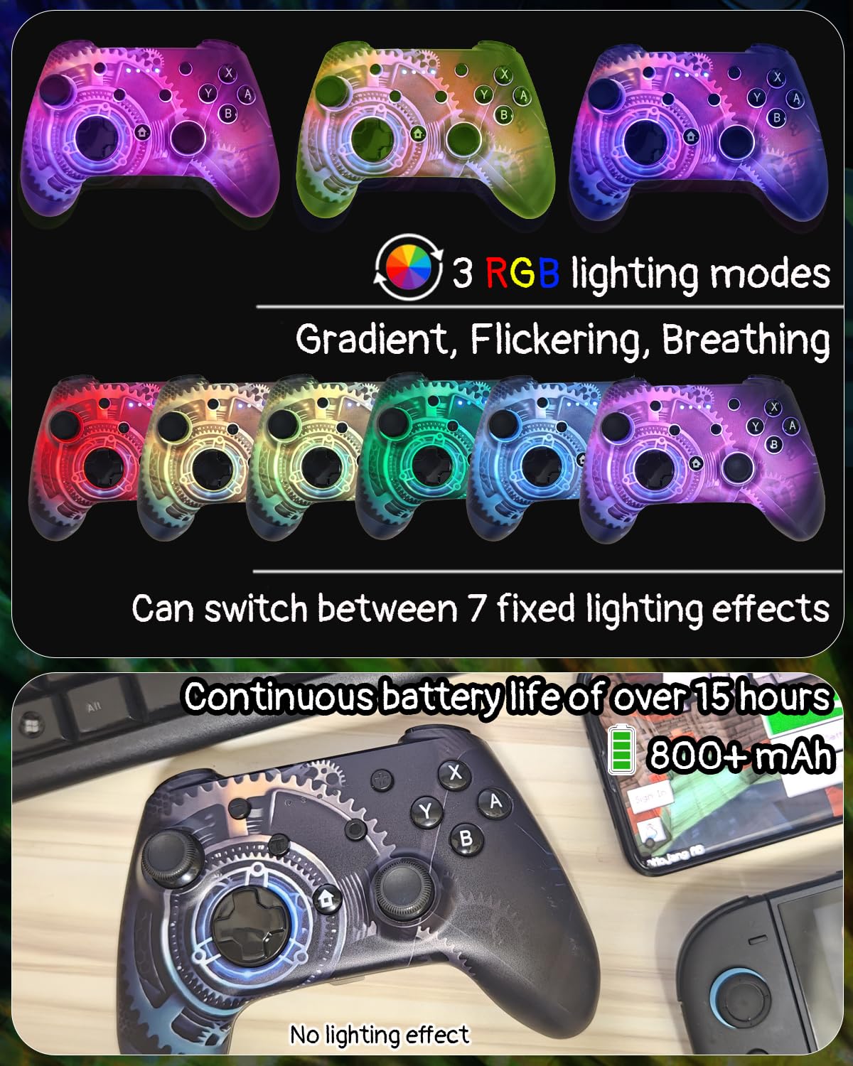 Wzuicov Multi-Platform Game Controller with RGB & Dual-Mode Bluetooth & Wired Connection, Wireless Gamepad for Switch/Switch 2/iOS/Android/PC/TV