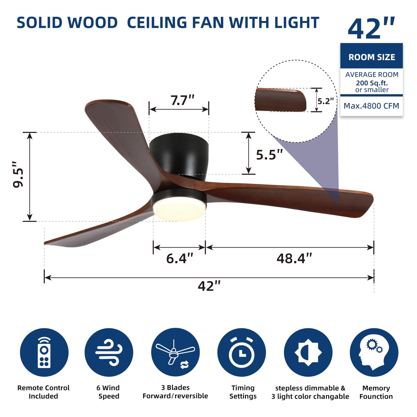 Wanze of ocean Ceiling Fans with Lights and Remote Control, 42 Inch Solid Wood Blade, Low Profile Flush Mount, LED Dimmable DC Reversible Modern