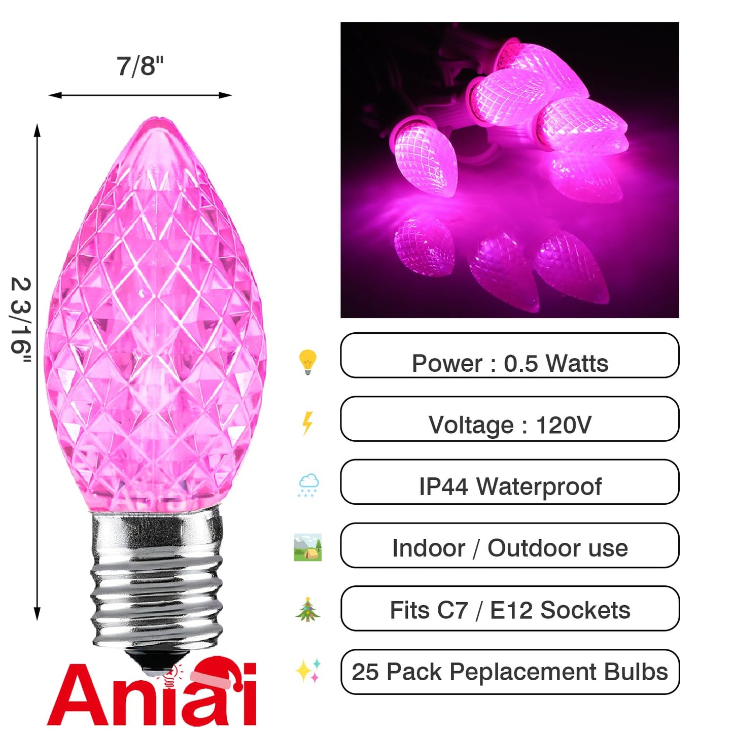 Aniai 25 Pack C7 LED Replacement Bulbs, E12 Base Pink for Christmas Lights