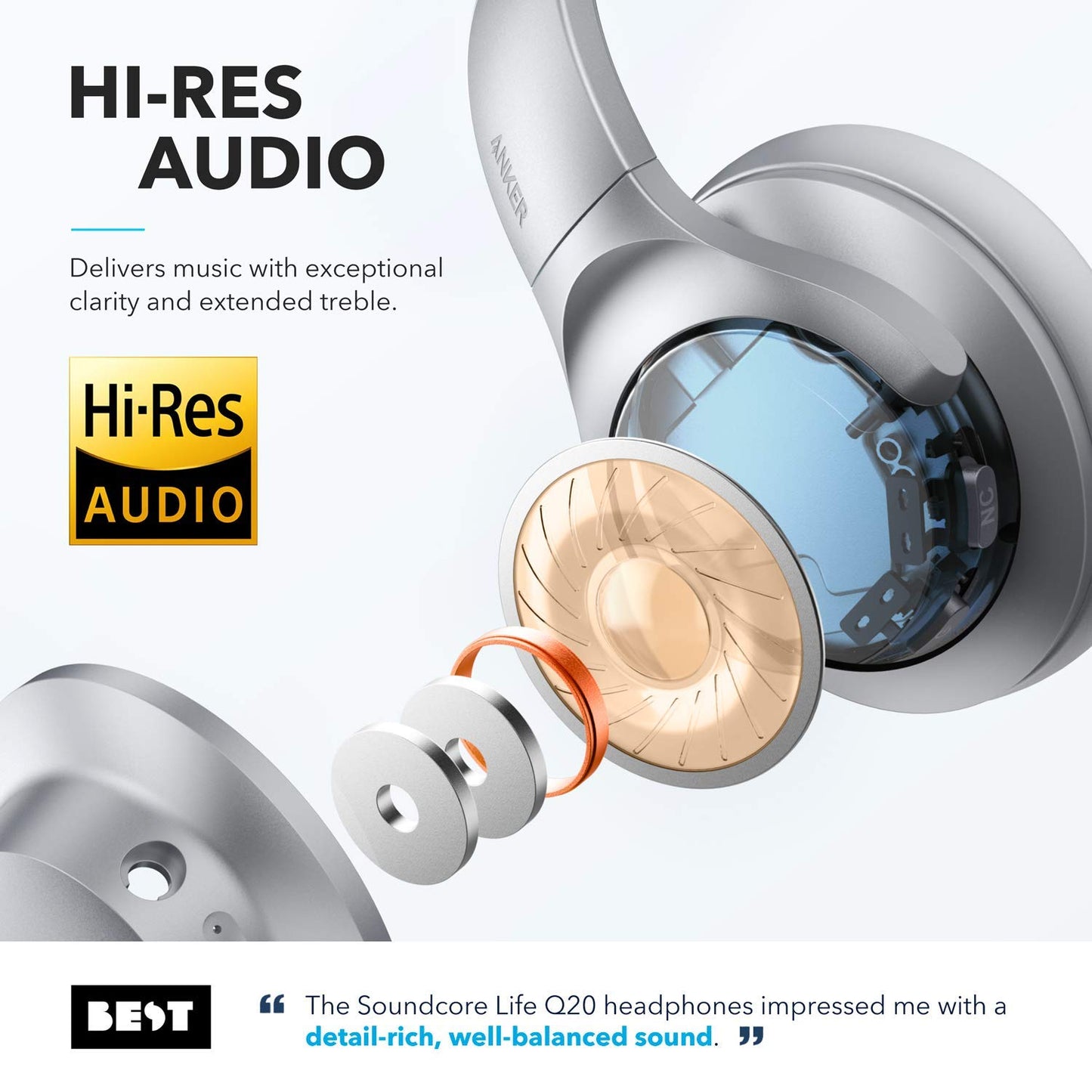 Soundcore Anker Life Q20 Hybrid Active Noise Cancelling Headphones, Wireless Over Ear Bluetooth Headphones with 40H Playtime, Hi-Res Audio, Deep Bass