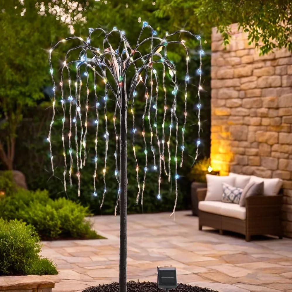 Collections Etc. LED Solar Willow Tree, Outdoor Solar Tree with Colorful Solar-Powered Lights with Adjustable Branches, White Lights