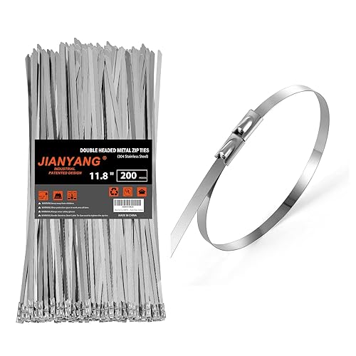 Metal Zip Ties (200PCS 11.8 Inch), 304 Stainless Steel, 300 LBS Heavy Duty Double Headed Self-locking Multi-Purpose Cable Ties for Exhaust Wrap, Chain
