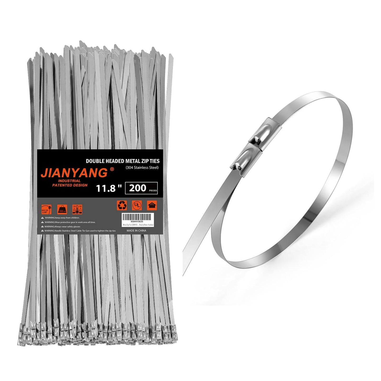 Metal Zip Ties (200PCS 11.8 Inch), 304 Stainless Steel, 300 LBS Heavy Duty Double Headed Self-locking Multi-Purpose Cable Ties for Exhaust Wrap, Chain