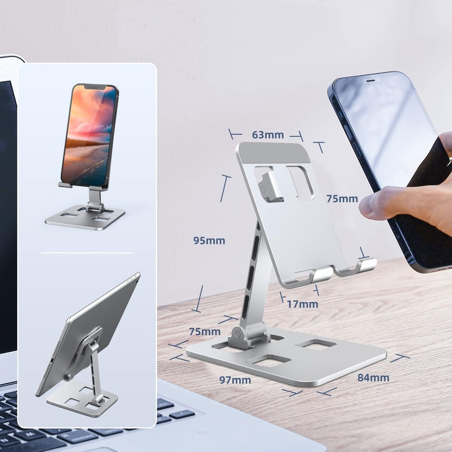 ROQRL Cell Phone Stand, 360 Angle Adjustable Cell Phone Holder, Foldable Cell Phone Stand for Desk, Equipped with A Storage Bag
