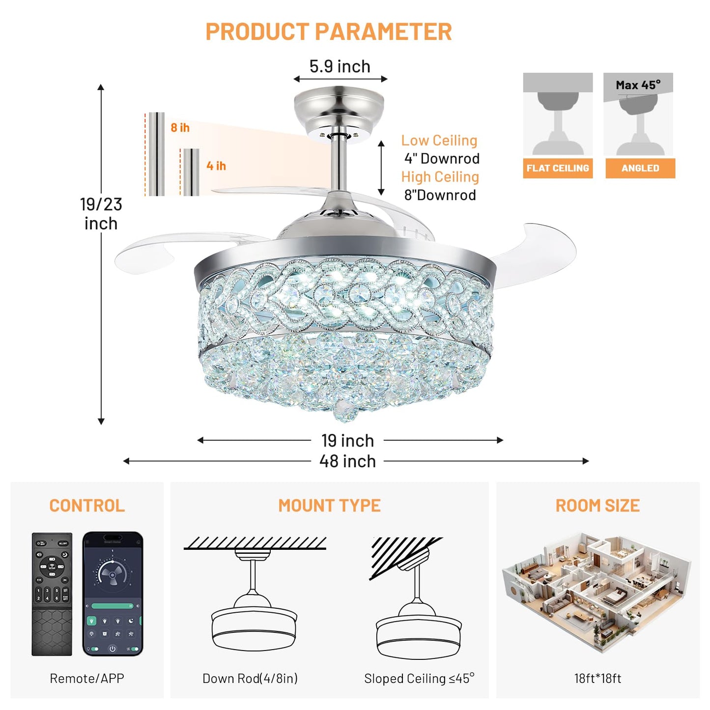 48 Inch Fandelier Ceiling Fan with Lights Crystal Fandaliers Ceiling Fan with Remote Dimmable 500-6500K Retractable Blades Fan Chandelier Fan