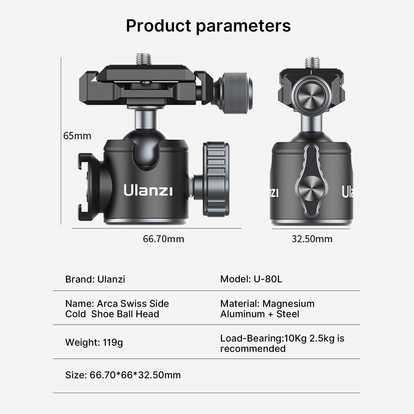 ULANZI U-80L Metal Ball Head Camera Mount Arca Swiss 360 Rotating with Quick Release Plate & Cold Shoe, 22lbs/10kg Load for 1/4" Tripod, Monopod, DSLR