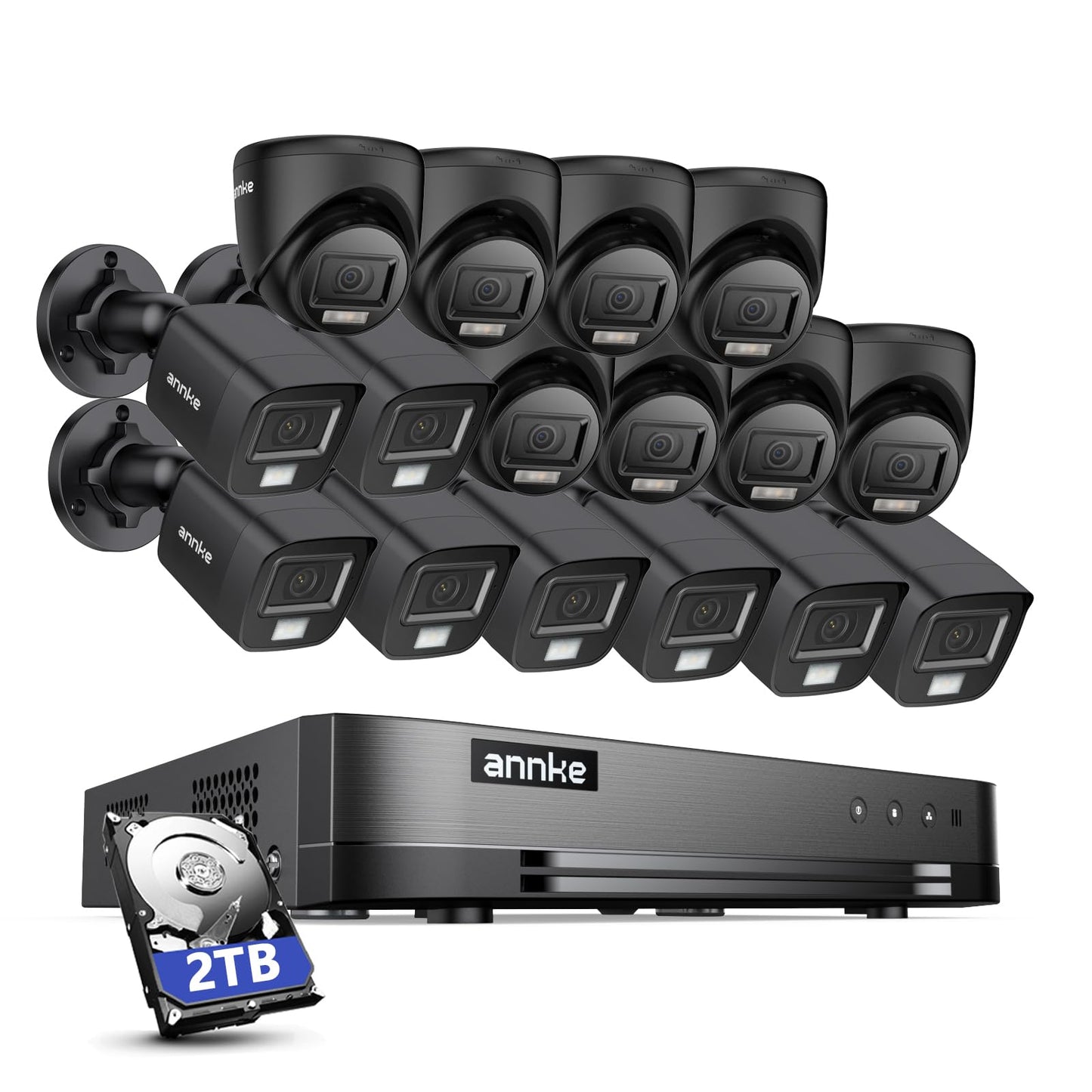 ANNKE 16CH 2MP Lite Surveillance DVR System with 2TB Surveillance Hard Disk Drive and 8X 1080P Weatherproof Bullet & Turret CCTV Cameras with Smart