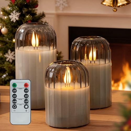 Ribbed Glass Battery Candles - FLameless Candles with Remote, Sage Green LED Candles with Timer, Warm Light, Lasting 350 Hrs and Brightness