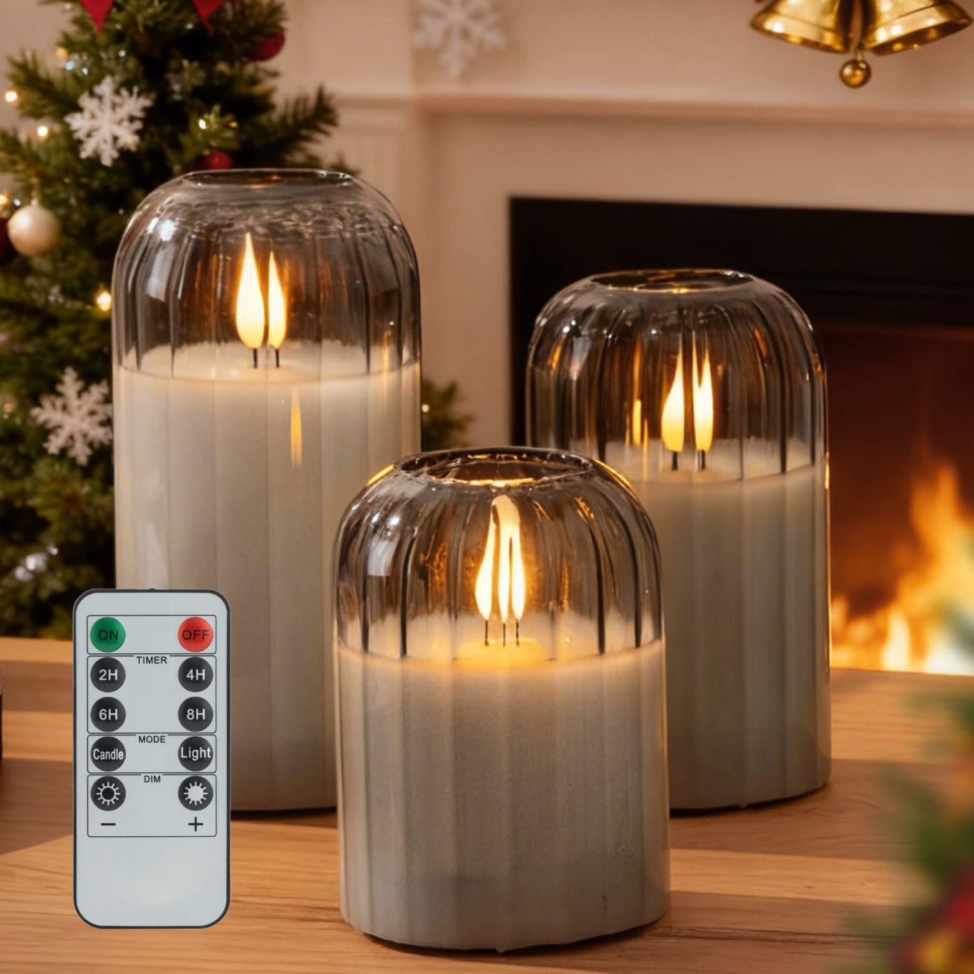 Ribbed Glass Battery Candles - FLameless Candles with Remote, Sage Green LED Candles with Timer, Warm Light, Lasting 350 Hrs and Brightness