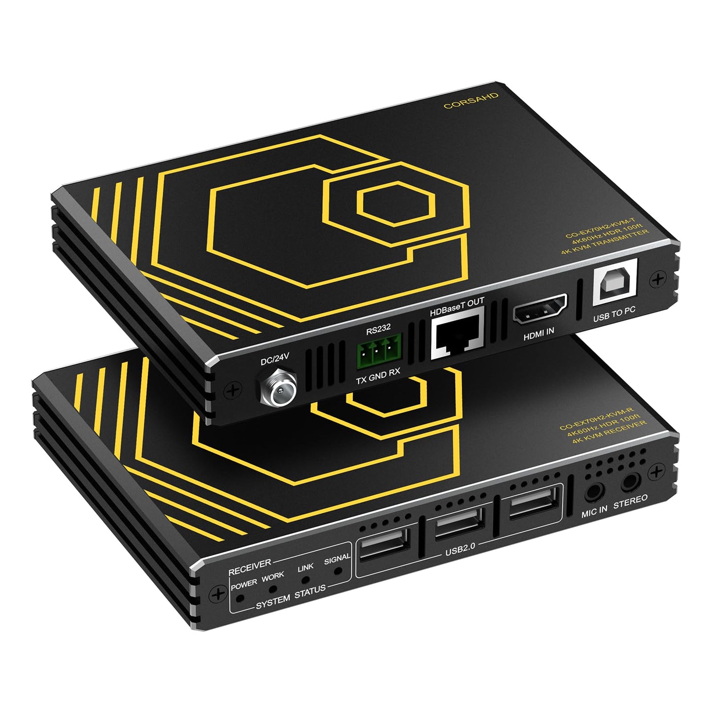 HDMI KVM Extender USB Uncompressed 4K 60Hz HDR Single Over Cat5e/6 up to 300ft, 3 Ports USB2.0 Hub POE+RS232+EDID+3.5mm Stereo Audio and Microphone