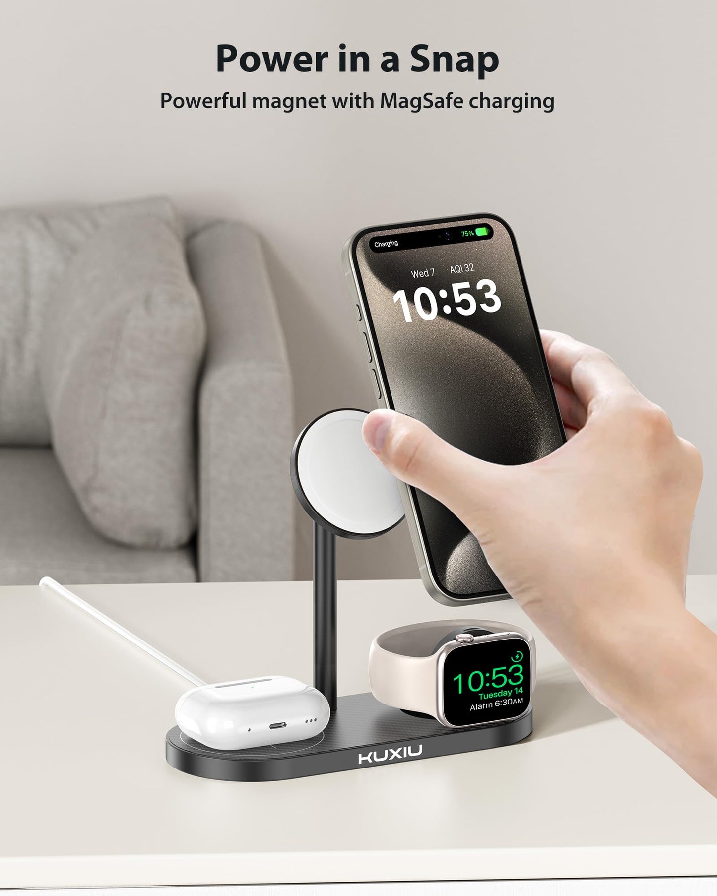 KU XIU Aluminum Alloy 3 in 1 Charging Station for Apple, Magnetic Wireless Charger Stand for iPhone 16/15/14/13/12 Series, 5W Fast Wireless Travel