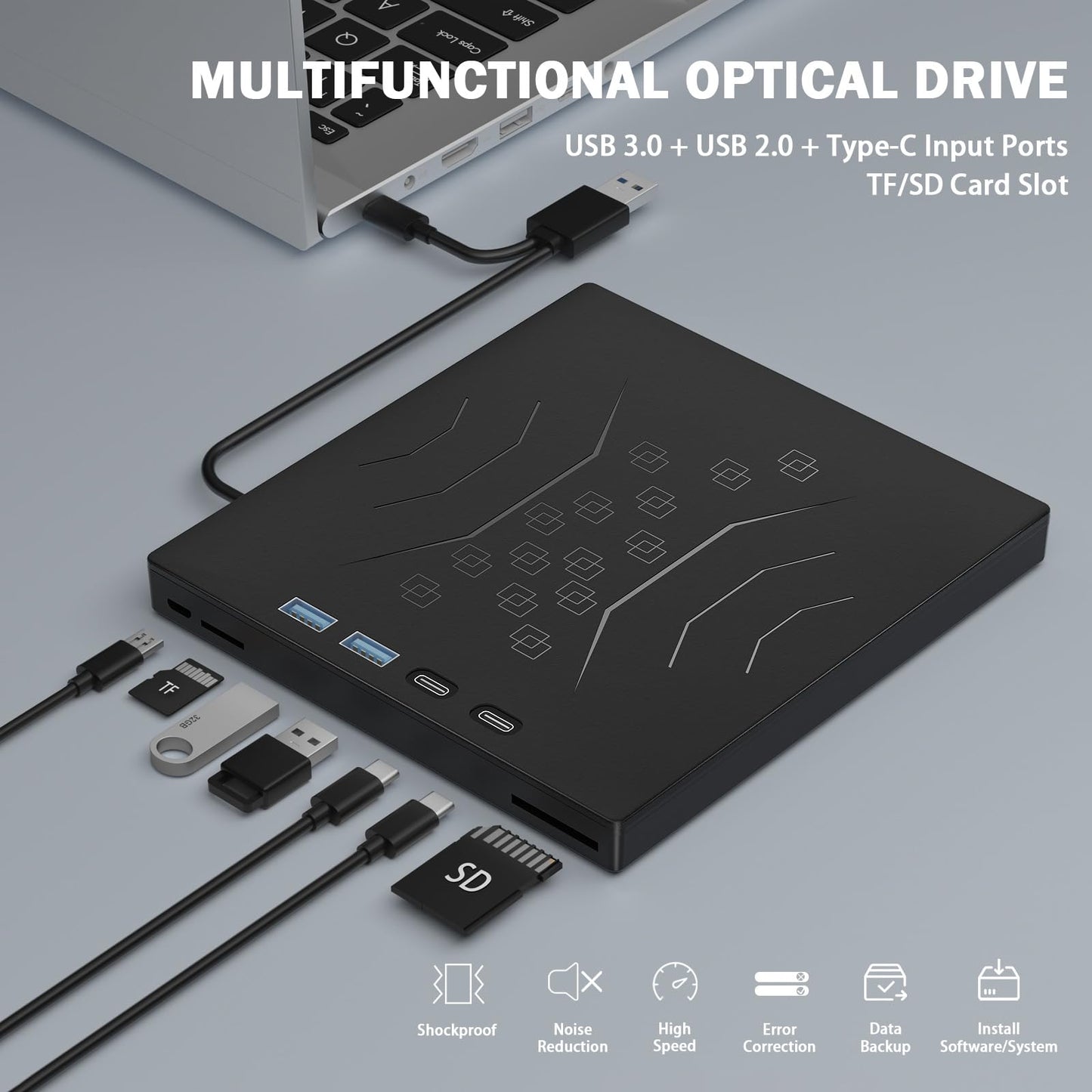 7 in 1 External DVD Drive, External CD/DVD Drive for Laptop USB 3.0 & Type-C, Portable CD/DVD +/-RW Disk Drive, CD/DVD Burner CD ROM External Drive