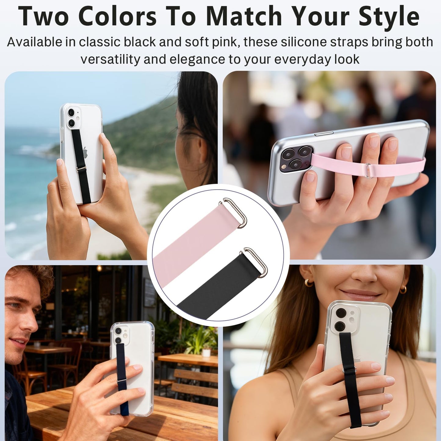 C-Shaped Silicone Clip Finger Phone Grip Strap - Reusable Stretchy Loop Holder for iPhone & Samsung Cases, Black + Pink