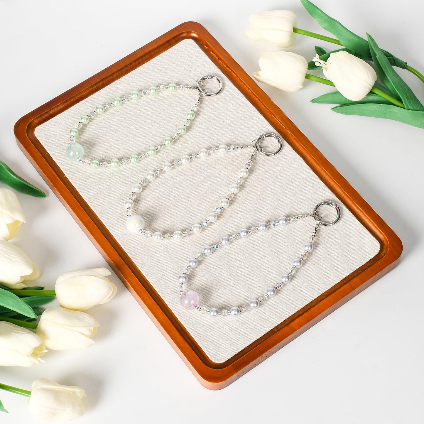 NUANJUYU Sparkling Beads Phone Lanyard Wrist Strap - Multi-Use Anti-Drop Safety Strap with 2 Tether Tabs & Mini Cord - Handmade Gift for Women (White)
