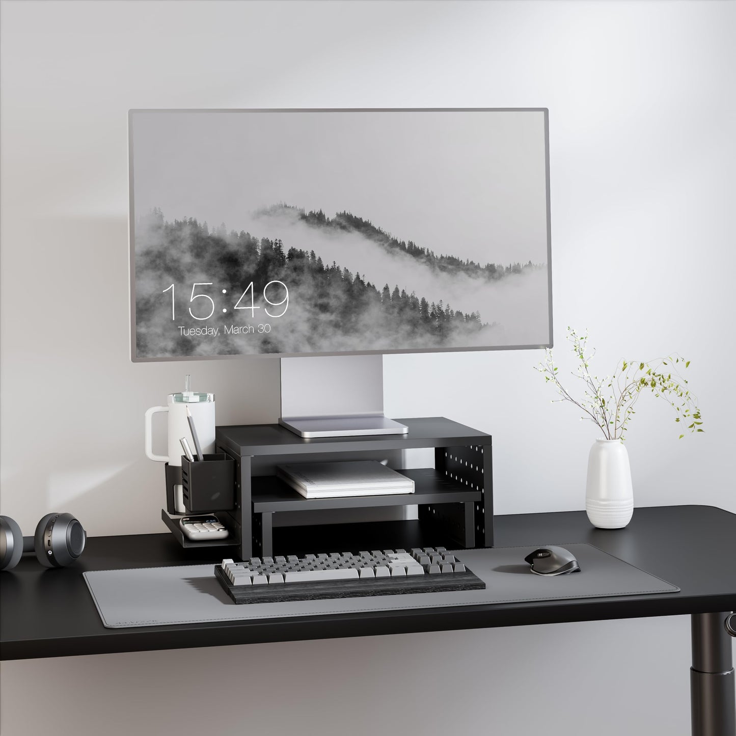 Kantek Pegboard Dual Monitor/Laptop Stand, 2 Ergonomic Platforms, Includes Accessories, Desk Organizer, Black MDF and Metal
