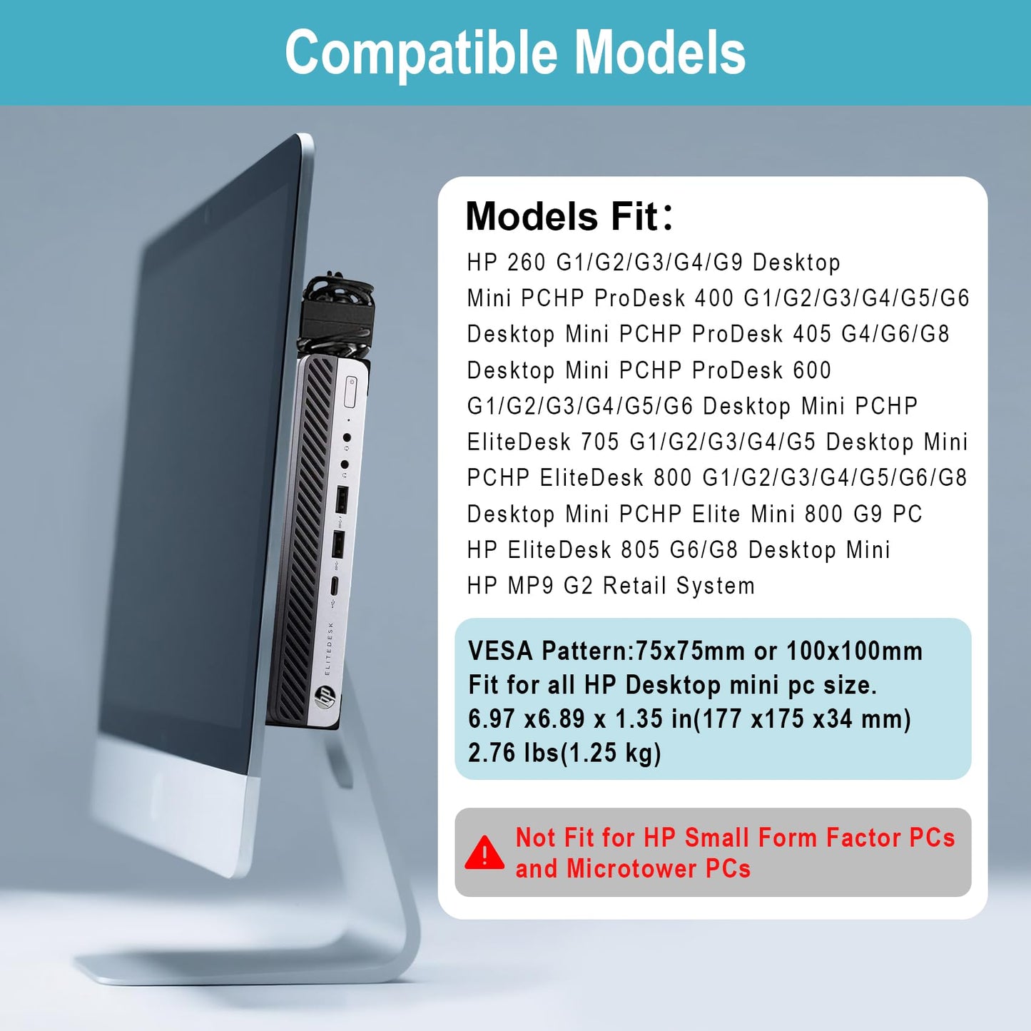 Mini PC VESA Mount Compatible with HP Desktop Mini, HP ProDesk Mini, HP EliteDesk Mini, Wall VESA and Under Desk Mount for HP Pro Mini 260 400,HP