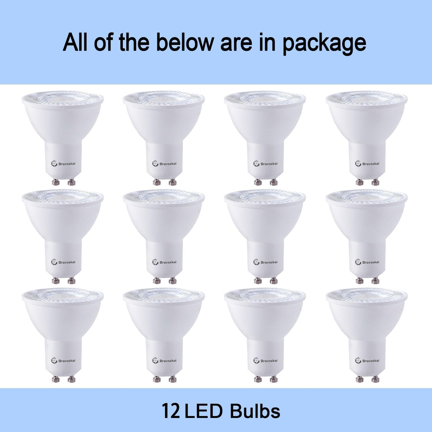 Bravsekai 12-Pack Dimmable GU10 LED Bulbs, 3000K Warm White,5W LED Bulb, 400LM (Equivalent to 35W Halogen), 120V Spotlight Bulbs for Shops, Living