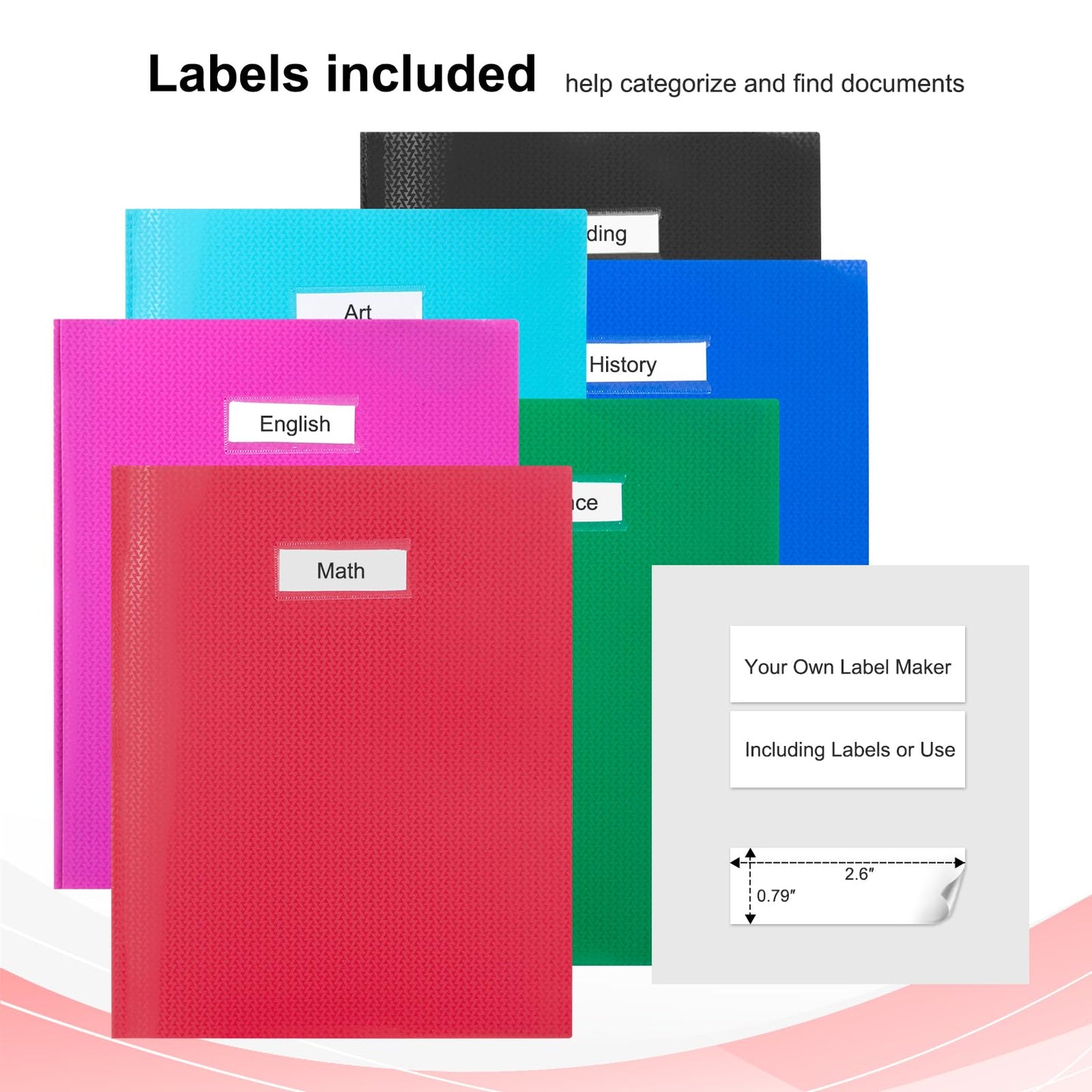 ViVin Plastic Folders with 3 Prongs,2 Pack,Heavy Duty 2-Pocket Folders with Fasteners Fits Letter Size Paper,Includes Labels,for School Home