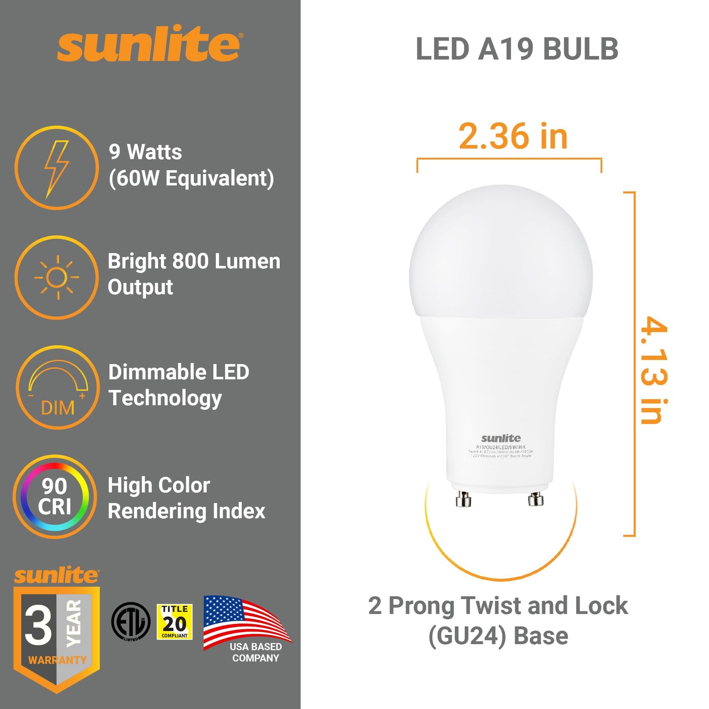 Sunlite A19 GU24 Dimmable Light Bulb, 9 Watts (60WEquivalent) 800 Lumens, 2 Prong LED Twist and Lock Base, 90 CRI, ETL Rated for Enclosed Fixtures