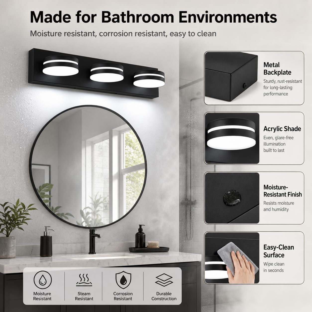 Bicrink 3-Light Bathroom Vanity Light Over Mirror, (24inch Dimmable) Matte Black LED Vanity Lighting Fixtures, Modern Bathroom Wall Light Fixtures