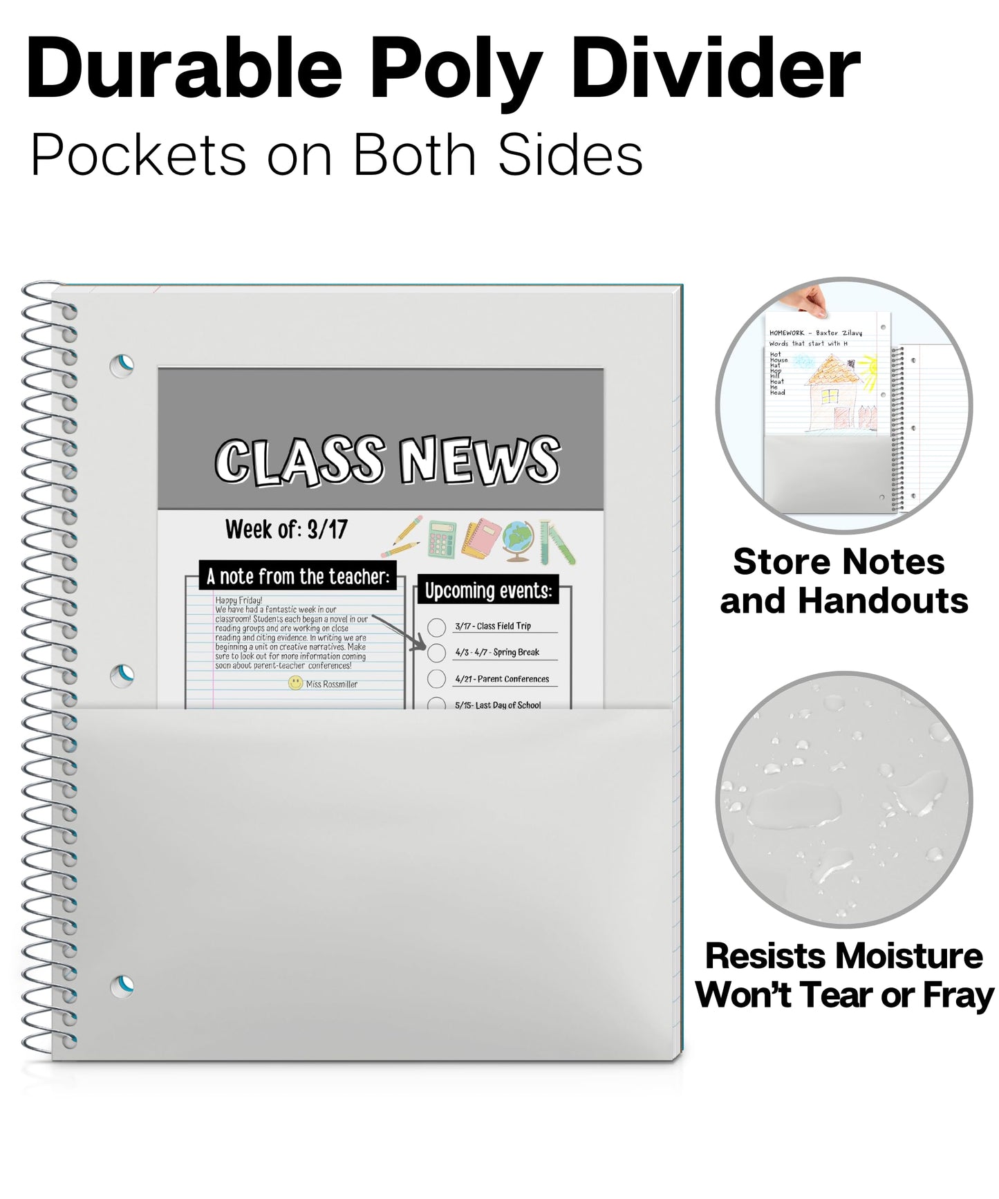 Dunwell 1 Subject Spiral Notebook, Blue Plastic Cover, 100 Sheets (200 Pages) 8x10.5 Paper, Wide Ruled Composition Notebooks with Poly Pocket
