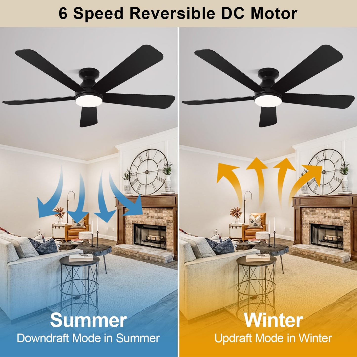 MOSSCO 52 Inch Black Low Profile Flush Mount Ceiling Fan with Light, Remote/APP Control, 3 CCT Dimmable, Noiseless DC Motor, Reversible, 6 Speed