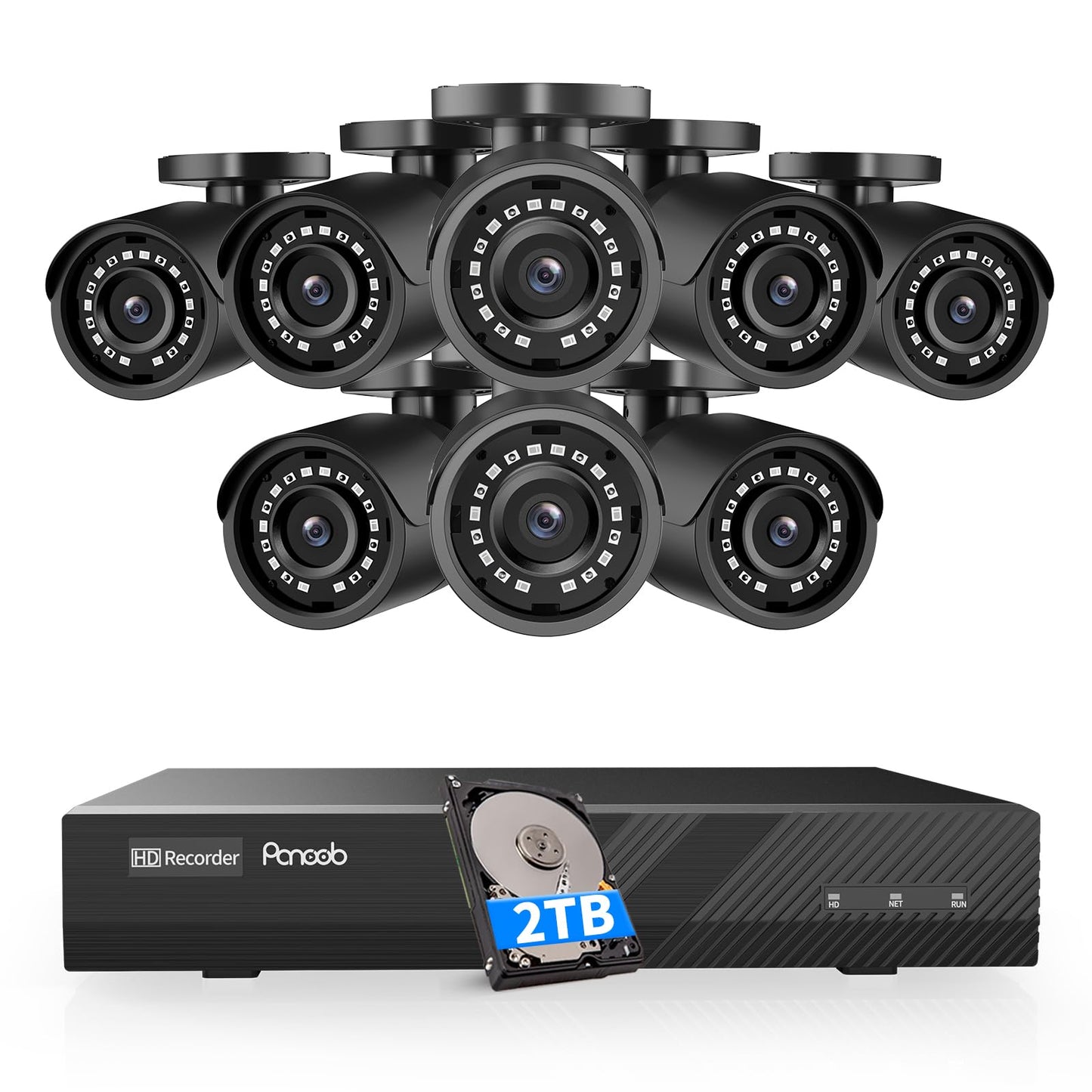 PANOOB 8 Channel Security Camera System, 8X 5MP Wired Outdoor Surveillance IP PoE Bullet Cameras with AI Human Detection, Remote Access, Built-in