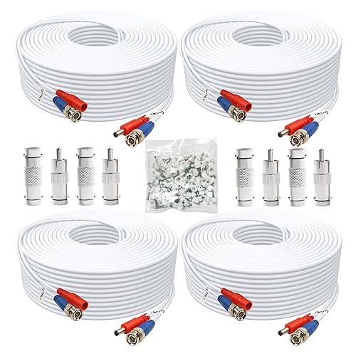 Aimyzii BNC Cable 100ft 4 Pack BNC Video Power Cable,Security Camera Cable for CCTV Camera DVR Security Systems(Included 8X BNC Adapters,100 Pcs Cable