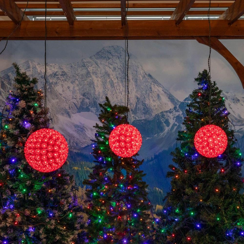 Novelty Lights 10in 150 Light Starlight Sphere, Red, Extra Large Ornament Ball Light, 5ft Hanging Cord with S Hook, 12ft Power Cord with Stackable