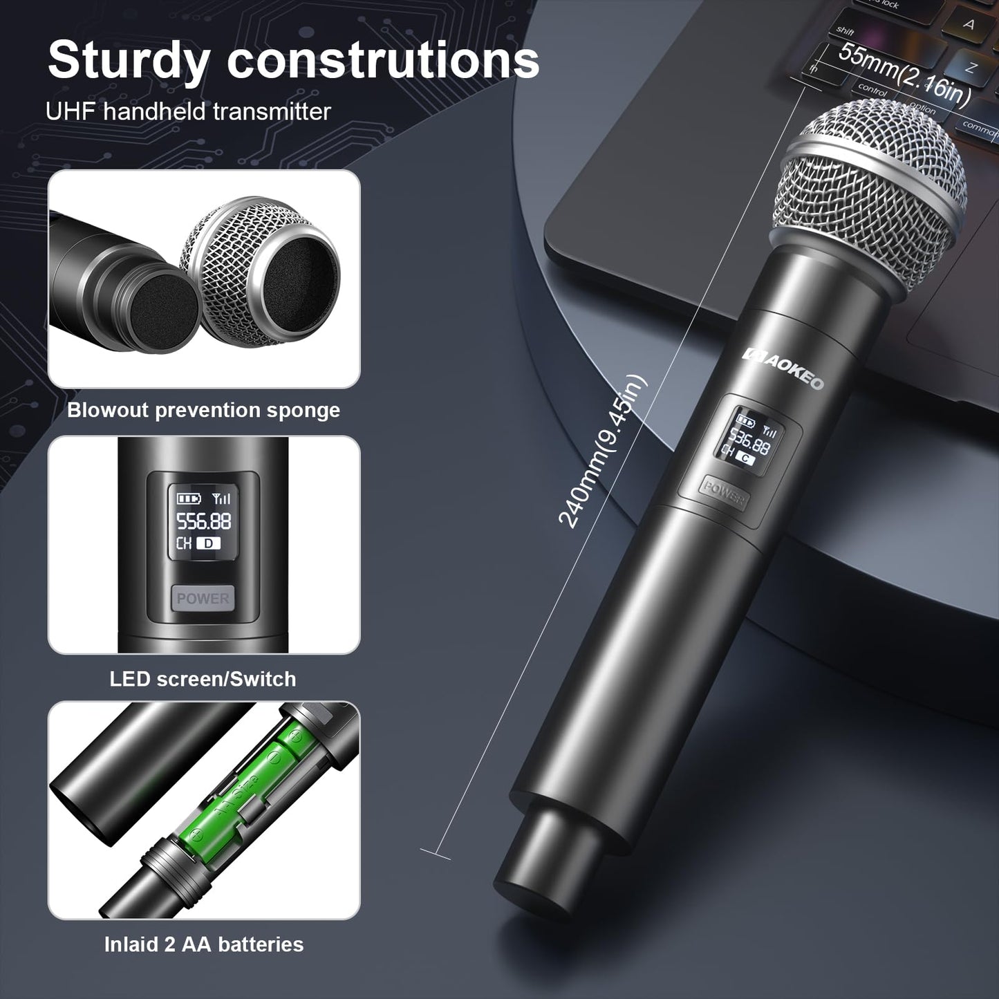 Aokeo Wireless Microphones System, 4 Channel UHF Wireless Mics,with 4 Handheld Dynamic Microphones,Metal Receiver for