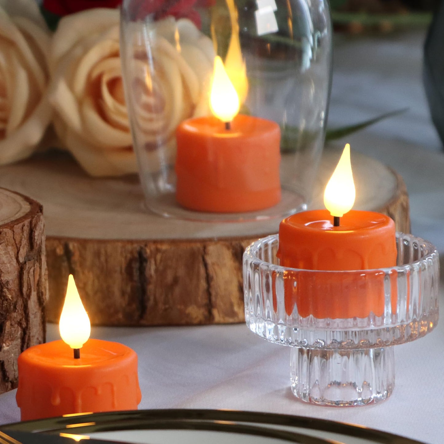 Sanmli 6 Pack Orange LED Tea Lights Rechargeable with Remote Control and Timer, Flickering Warm White Light, Flameless Candles with Charging Station