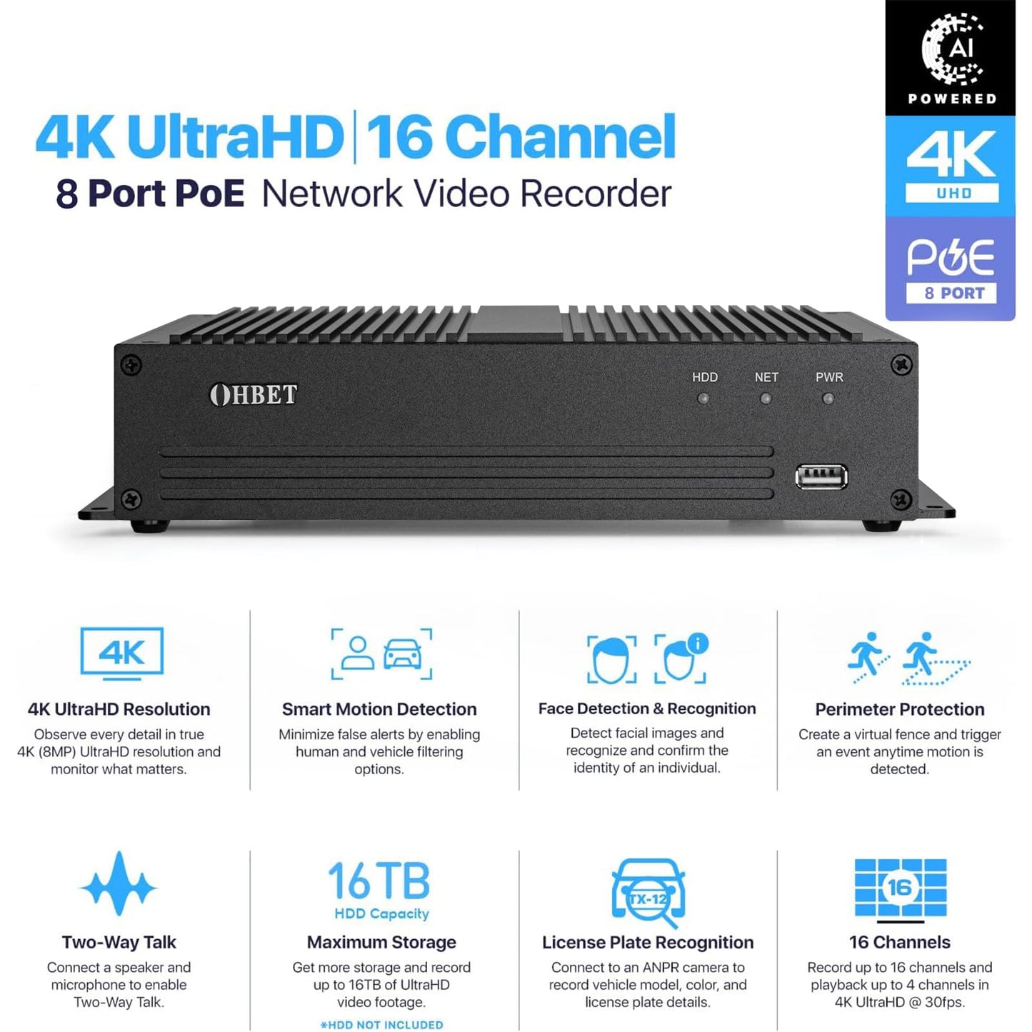 DahuaSecurity Advanced 16Ch 8 PoE Port Digital Video Recorder with 3TB HDD 4K HDMI Output and Smart Surveillance Features NVR for Home Security Camera